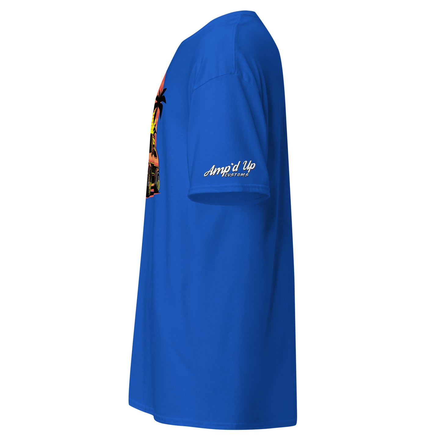 Side view of a blue Sunset Volkswagen T-Shirt featuring vibrant beach graphics