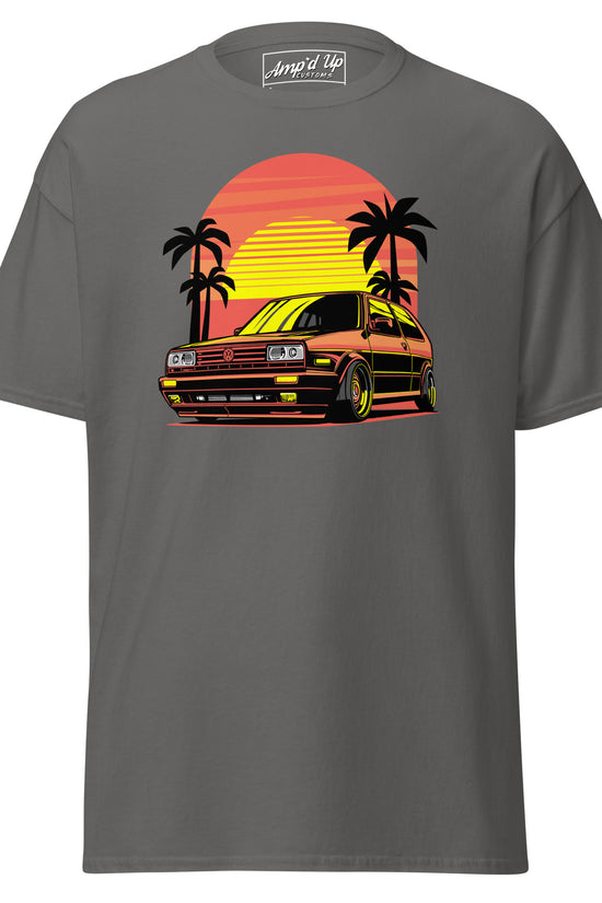 Sunset Volkswagen T-Shirt featuring a retro car design with palm trees and a vibrant sunset backdrop