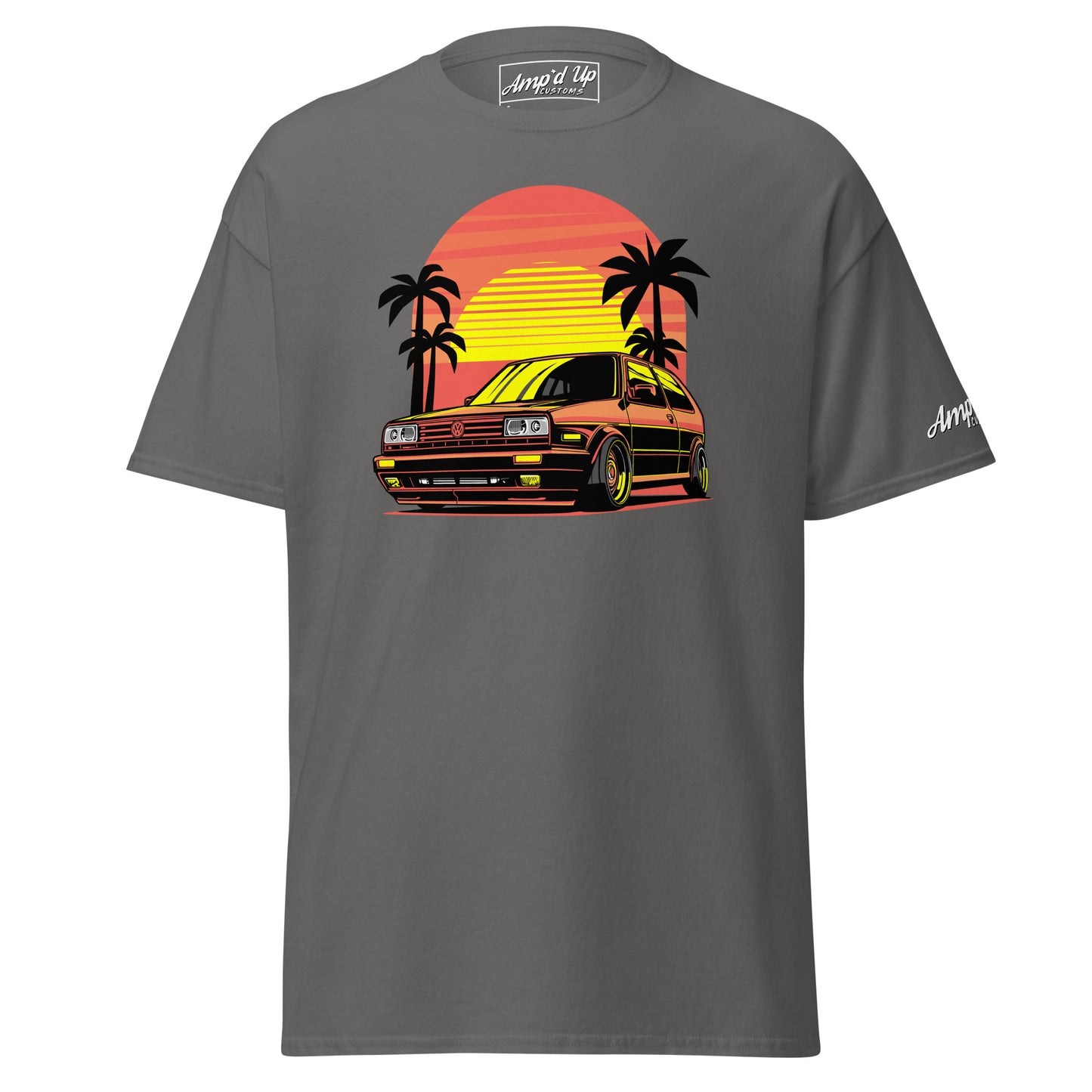 Sunset Volkswagen T-Shirt featuring a retro car design with palm trees and a vibrant sunset backdrop