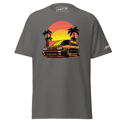 Sunset Volkswagen T-Shirt featuring a retro car design with palm trees and a vibrant sunset backdrop