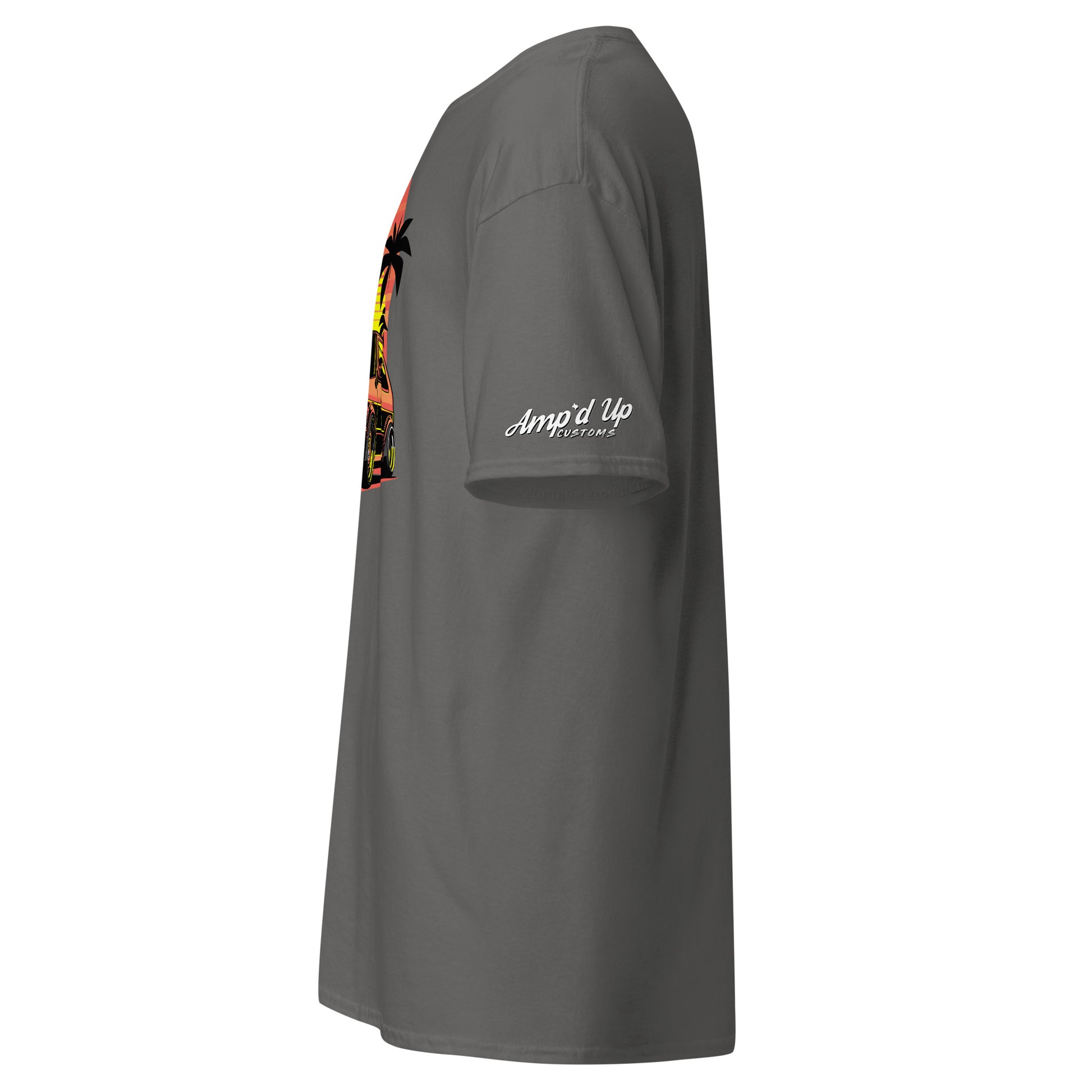Side view of a gray Sunset Volkswagen T-Shirt featuring a vibrant sunset and iconic VW design
