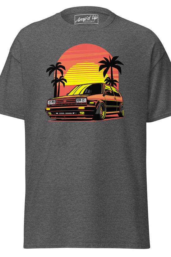 Sunset Volkswagen T-Shirt featuring a retro car design with palm trees and a vibrant sunset