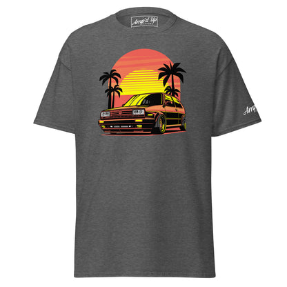 Sunset Volkswagen T-Shirt featuring a retro car design with palm trees and a vibrant sunset