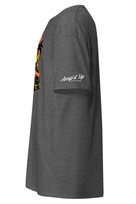 Side view of Sunset Volkswagen T-Shirt in gray with vibrant graphic design and relaxed fit