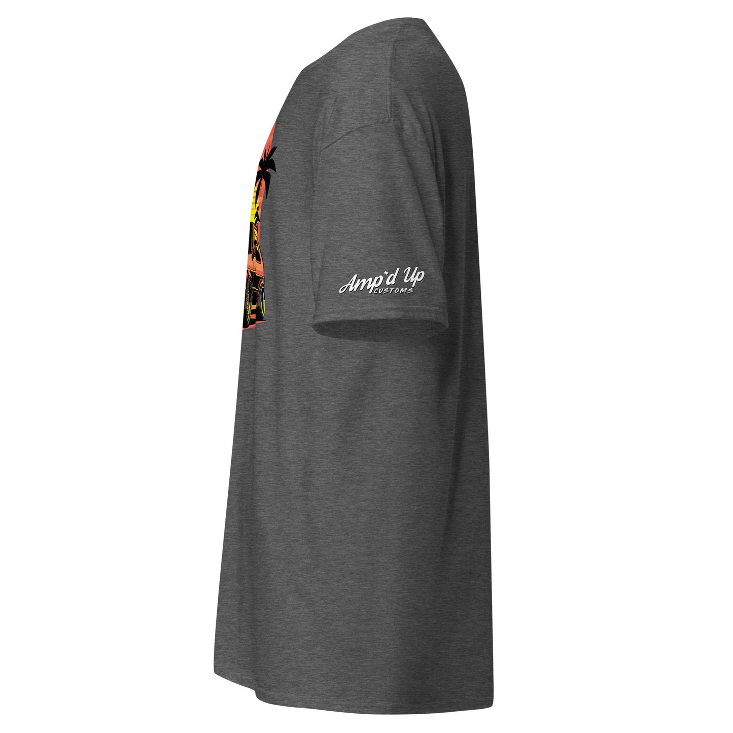 Side view of Sunset Volkswagen T-Shirt in gray with vibrant graphic design and relaxed fit