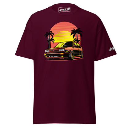 Sunset Volkswagen T-Shirt in burgundy featuring a retro car design with palm trees and sunset backdrop