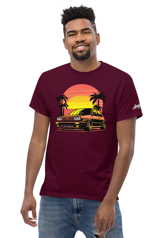 Sunset Volkswagen T-Shirt featuring a vibrant design of a vintage car and palm trees