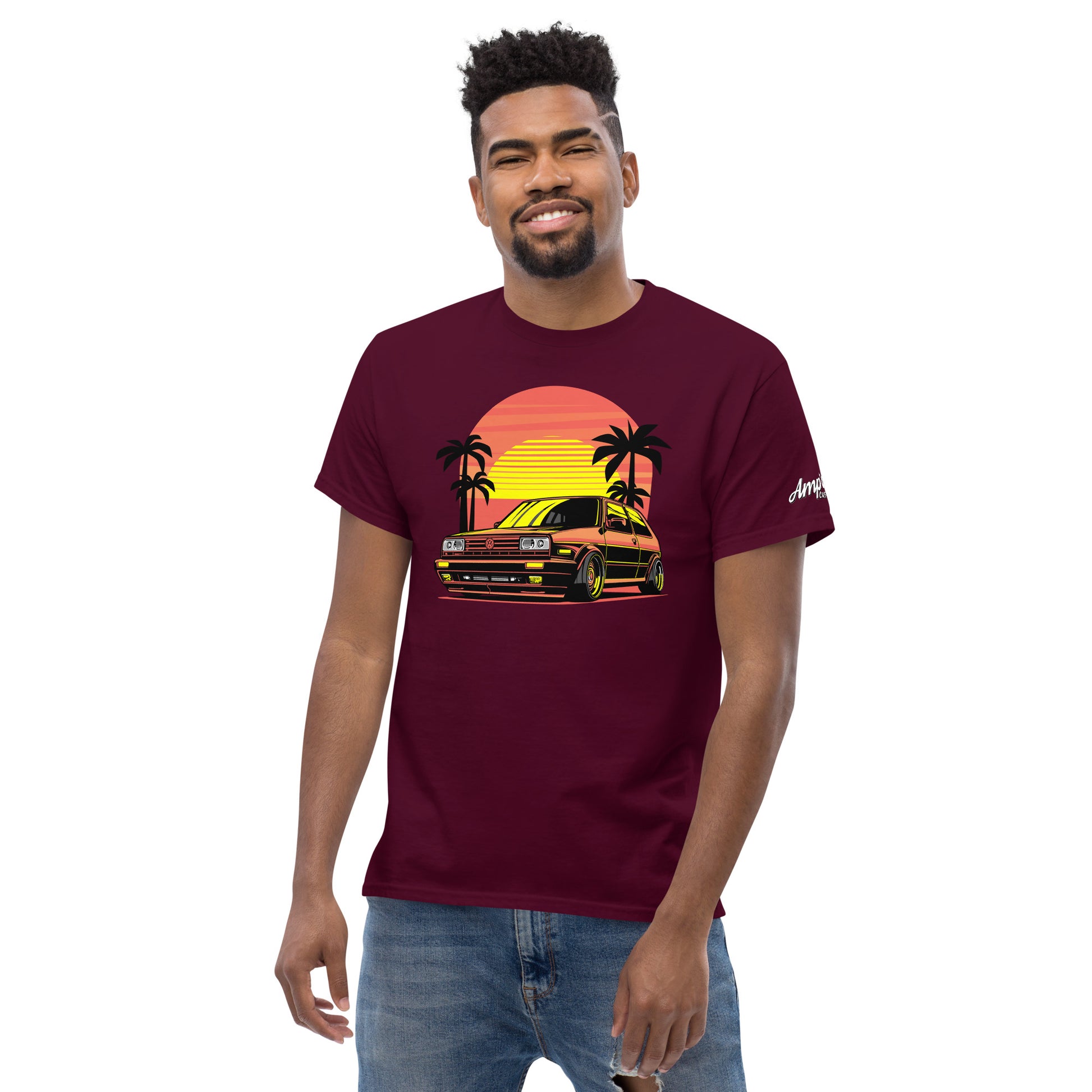 Sunset Volkswagen T-Shirt featuring a vibrant design of a vintage car and palm trees