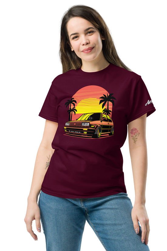 Sunset Volkswagen T-Shirt in Burgundy featuring a retro car graphic and palm trees