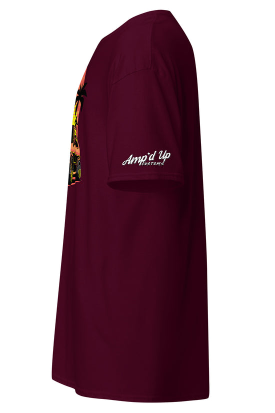 Amp'd Up Custom Sunset Volkswagen T-Shirt in red with vibrant sunset graphic
