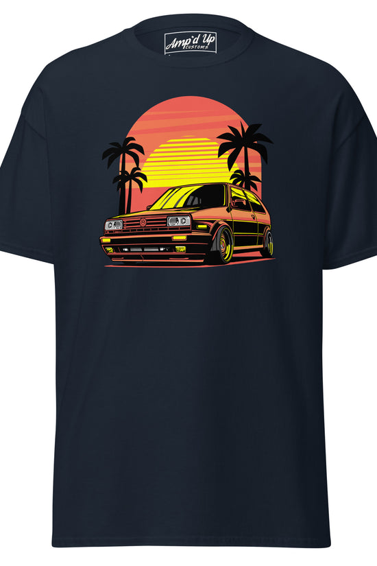 Sunset Volkswagen T-Shirt featuring a retro car design with palm trees and vibrant sunset colors