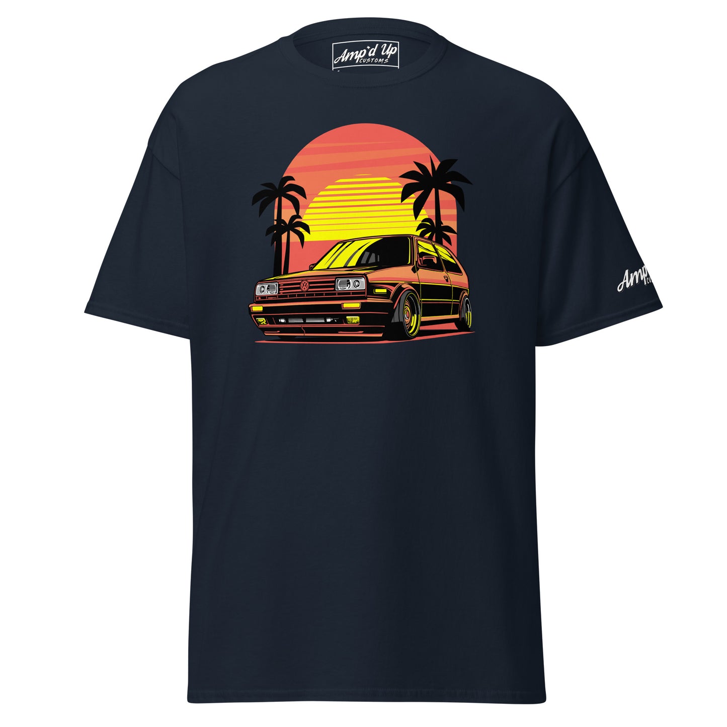 Sunset Volkswagen T-Shirt featuring a retro car design with palm trees and vibrant sunset colors