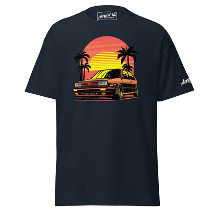 Sunset Volkswagen T-Shirt featuring a retro car design with palm trees and vibrant sunset colors