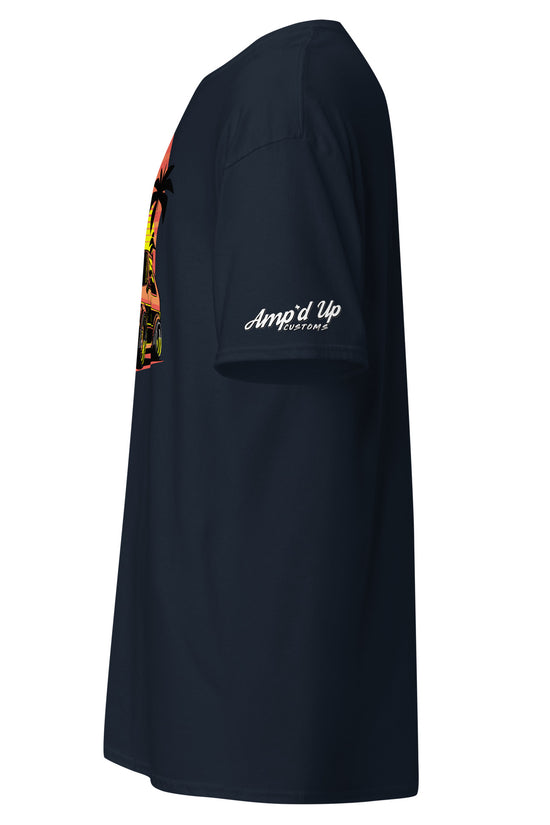Side view of Sunset Volkswagen T-Shirt from Amp'd Up Custom showcasing vibrant graphic design