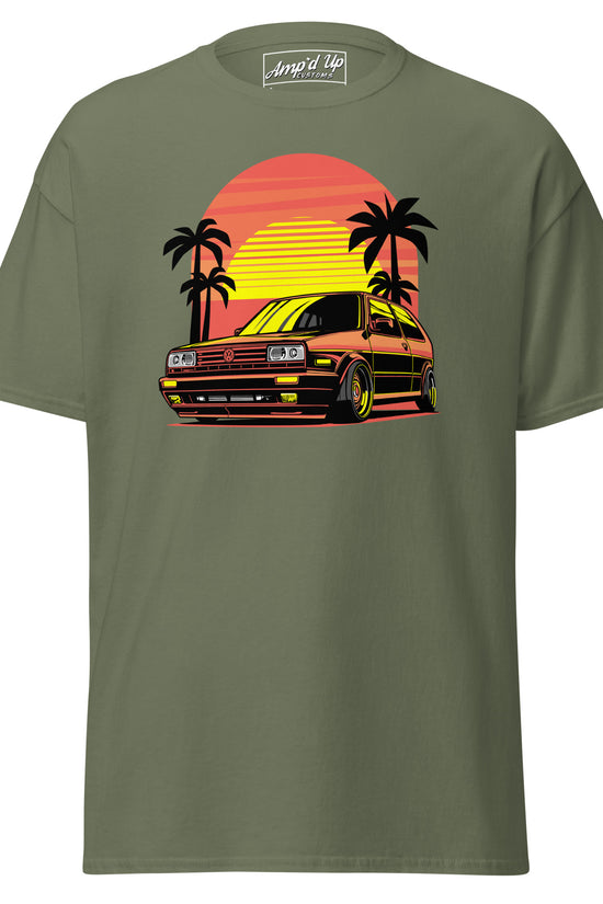Sunset Volkswagen T-Shirt featuring a classic car design with palm trees and vibrant colors
