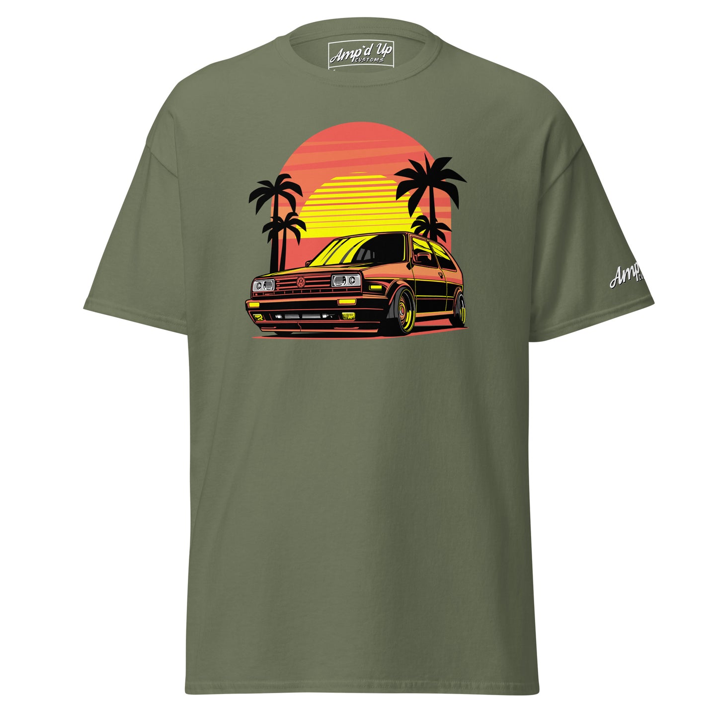 Sunset Volkswagen T-Shirt featuring a classic car design with palm trees and vibrant colors