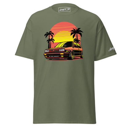 Sunset Volkswagen T-Shirt featuring a classic car design with palm trees and vibrant colors