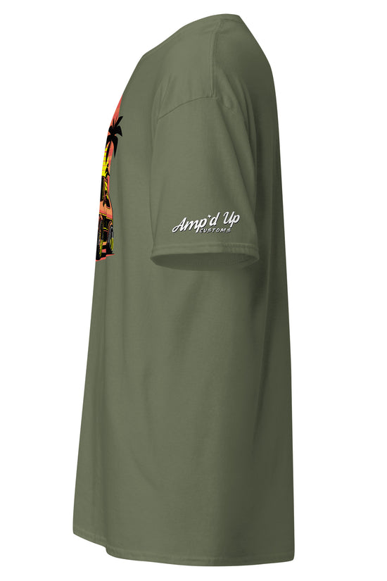 Side view of a Sunset Volkswagen T-Shirt in olive green with vibrant graphic design