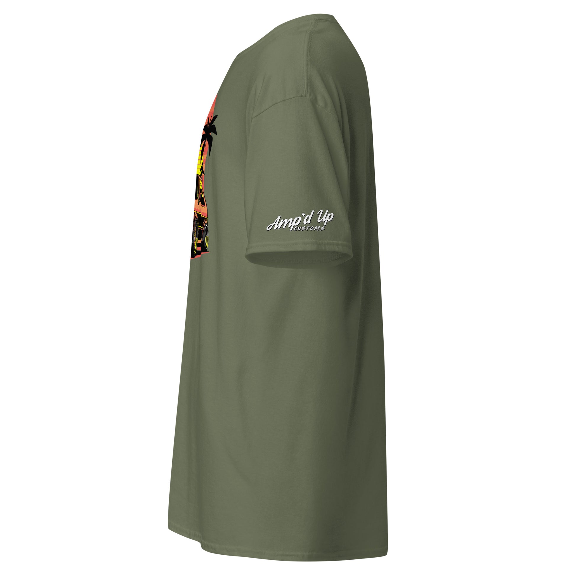 Side view of a Sunset Volkswagen T-Shirt in olive green with vibrant graphic design