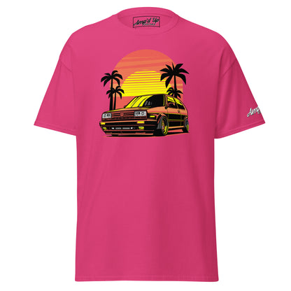 Amp'd Up Custom Sunset Volkswagen T-Shirt in pink with graphic of a car and palm trees