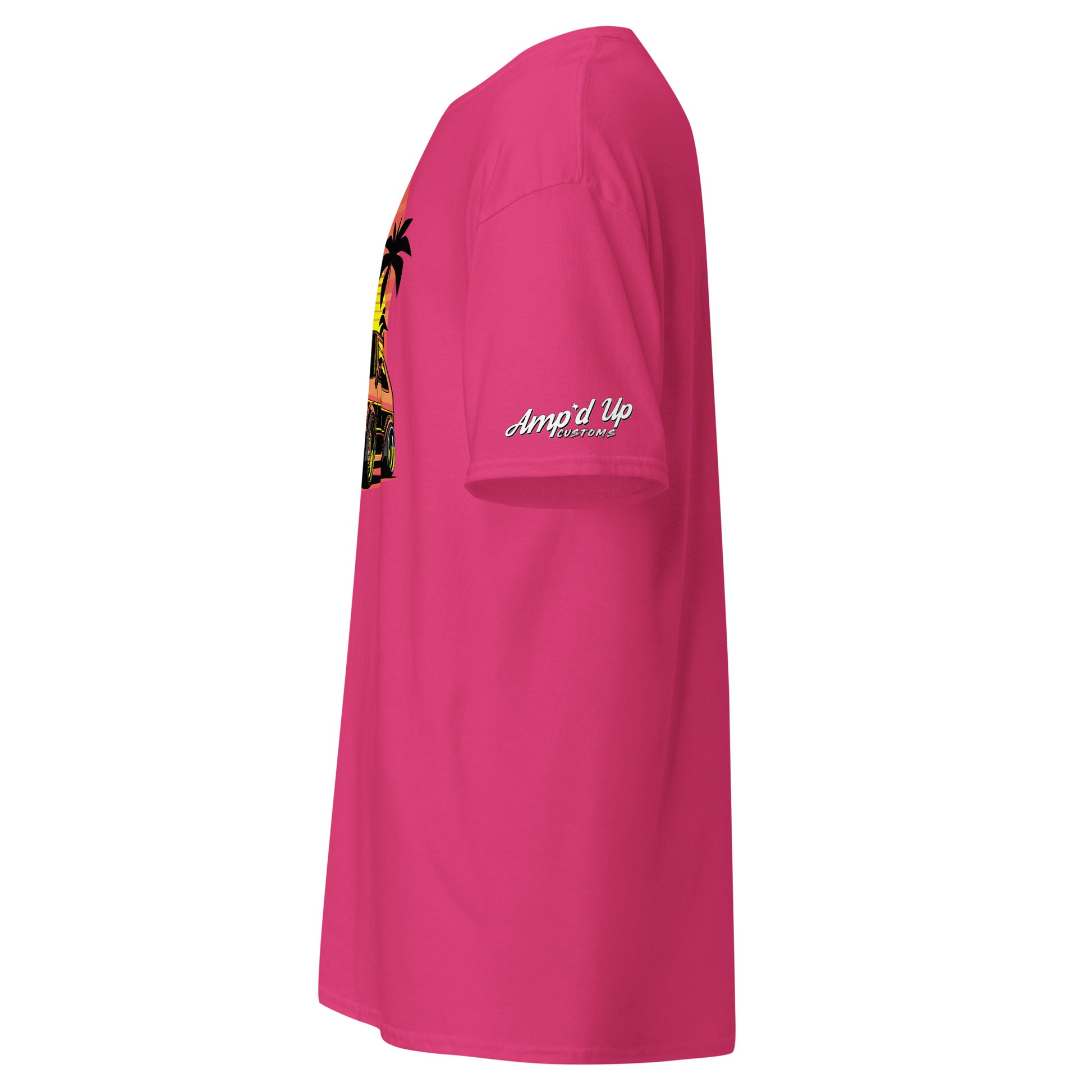 Side view of a pink Sunset Volkswagen T-Shirt featuring a vibrant tropical design by Amp'd Up Custom