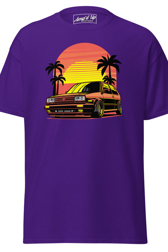 Sunset Volkswagen T-Shirt in Purple featuring a retro car design with palm trees and sunset background