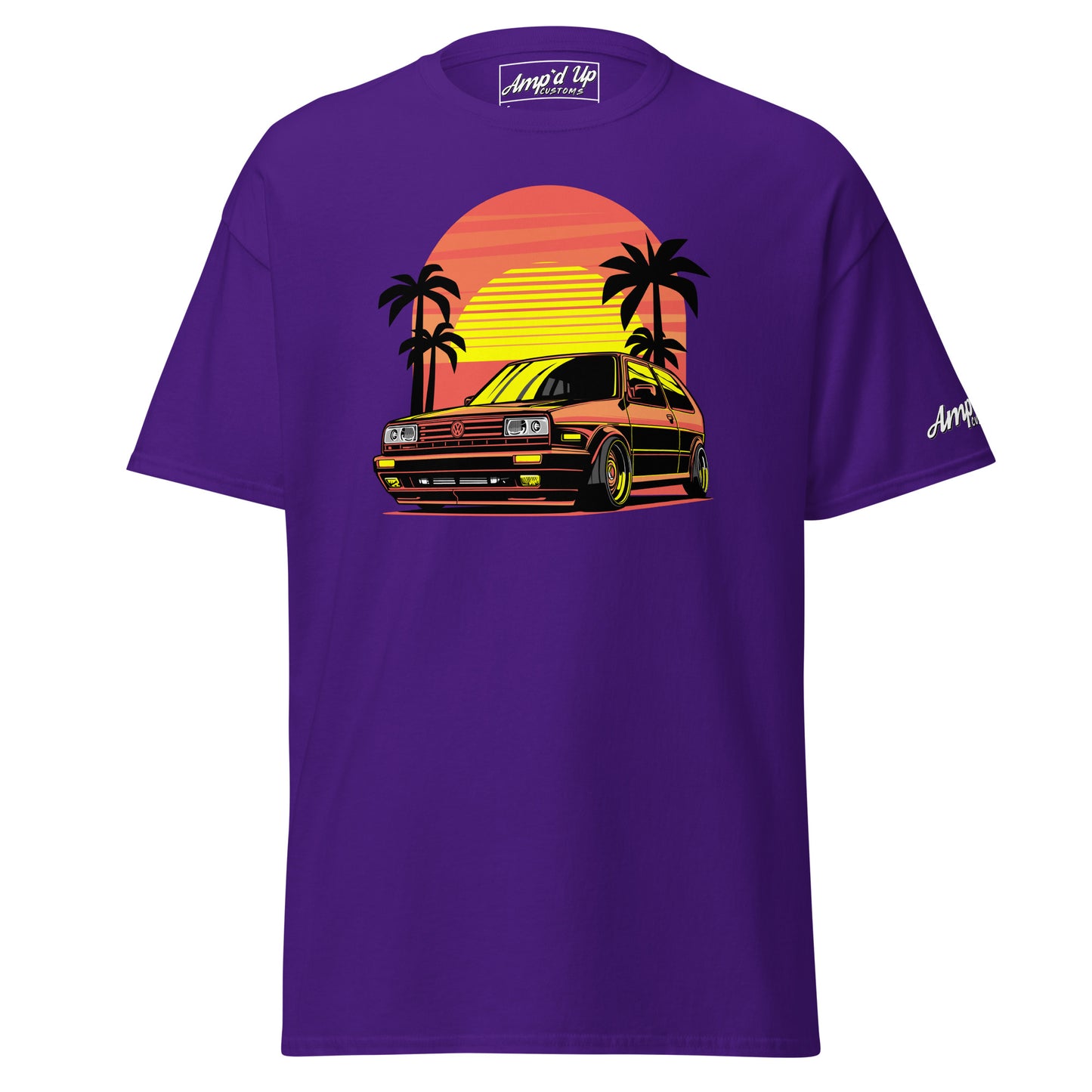 Sunset Volkswagen T-Shirt in Purple featuring a retro car design with palm trees and sunset background