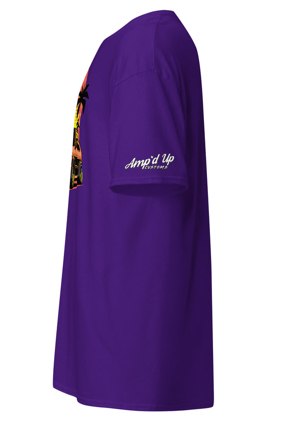 Side view of Sunset Volkswagen T-Shirt in purple, featuring vibrant sunset graphic and Amp'd Up logo
