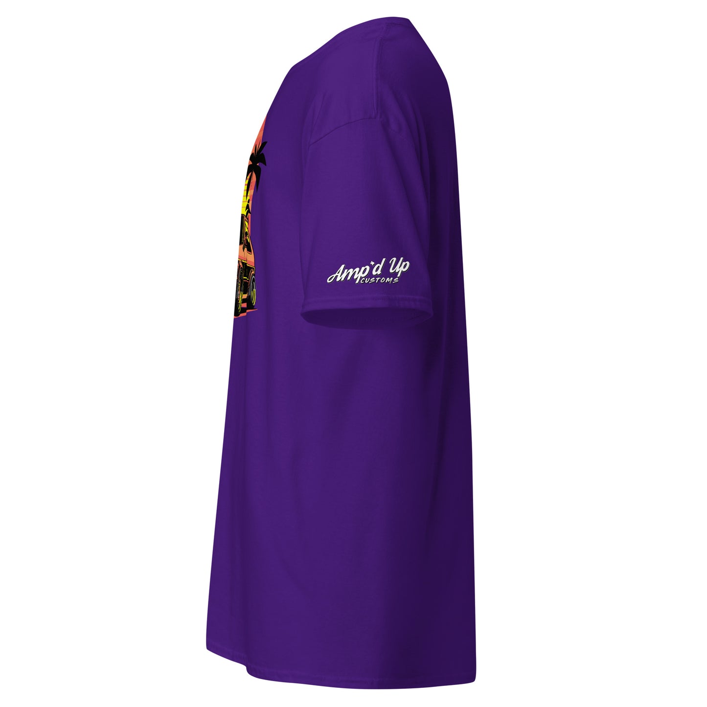 Side view of Sunset Volkswagen T-Shirt in purple, featuring vibrant sunset graphic and Amp'd Up logo