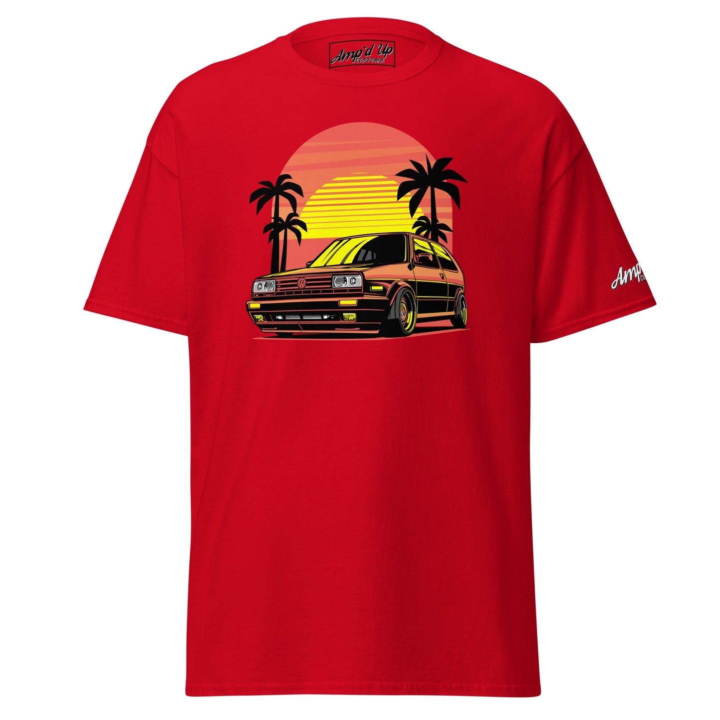 Red Sunset Volkswagen T-Shirt featuring a vibrant graphic with a car and palm trees