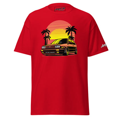 Red Sunset Volkswagen T-Shirt featuring a vibrant graphic with a car and palm trees