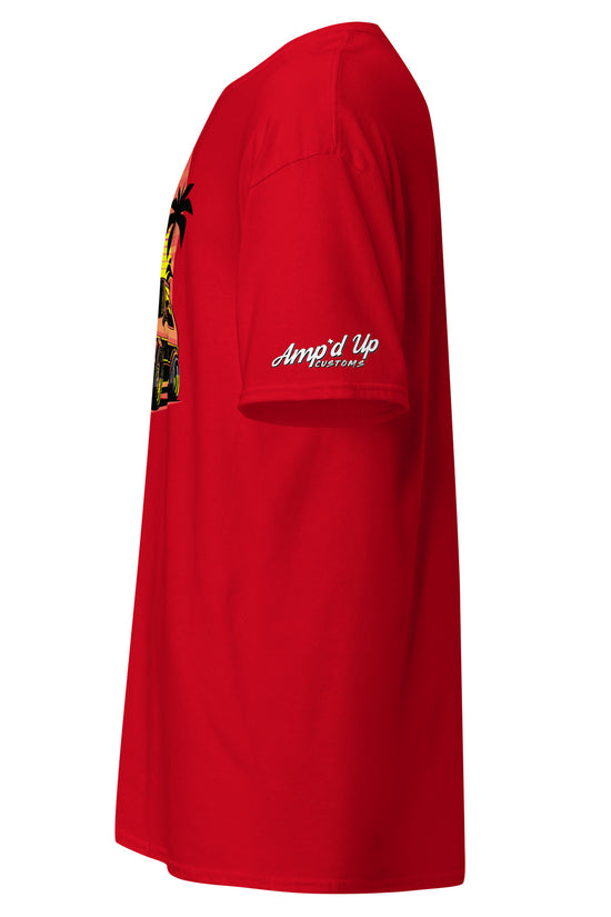 Side view of a red Sunset Volkswagen T-Shirt featuring a colorful palm tree graphic