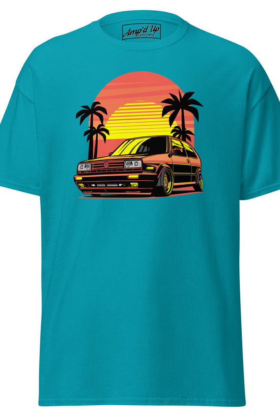 Vibrant Sunset Volkswagen T-Shirt featuring a classic car and palm trees