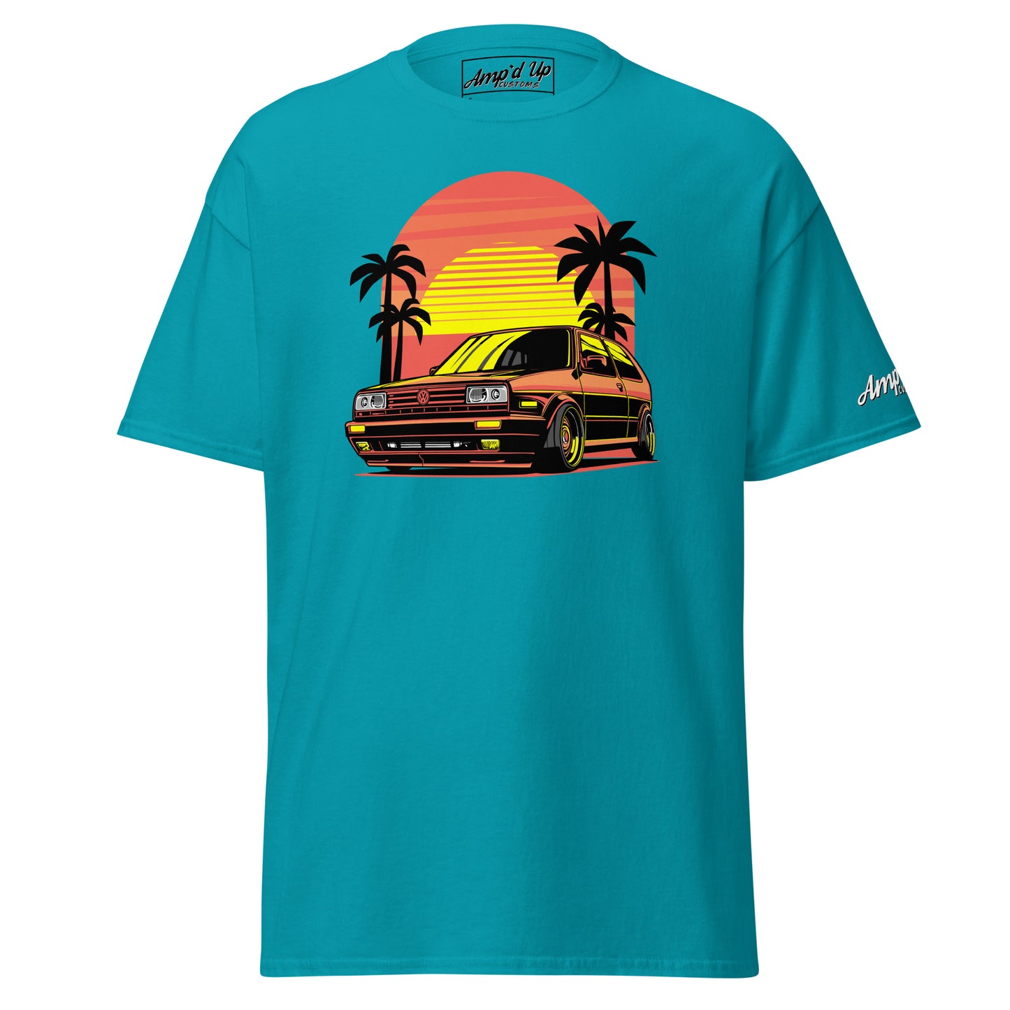 Vibrant Sunset Volkswagen T-Shirt featuring a classic car and palm trees