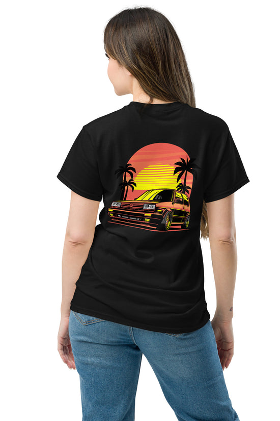 Back view of Sunset Volkswagen T-Shirt featuring vibrant car and palm tree illustration