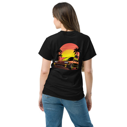 Back view of Sunset Volkswagen T-Shirt featuring vibrant car and palm tree illustration