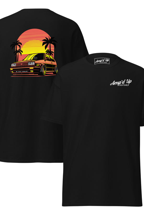 Sunset Volkswagen T-Shirt featuring a vibrant back illustration with a retro car and palm trees