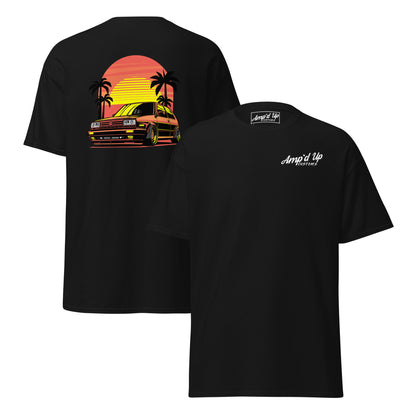 Sunset Volkswagen T-Shirt featuring a vibrant back illustration with a retro car and palm trees