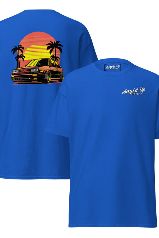Sunset Volkswagen T-Shirt with vibrant back illustration featuring palm trees and a classic car