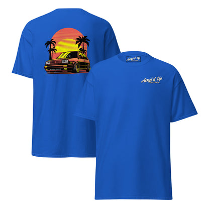 Sunset Volkswagen T-Shirt with vibrant back illustration featuring palm trees and a classic car