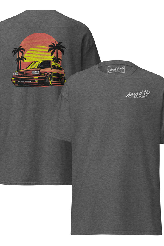 Gray Amp'd Up Custom T-Shirt featuring a Sunset Volkswagen T-Shirt back illustration with palm trees