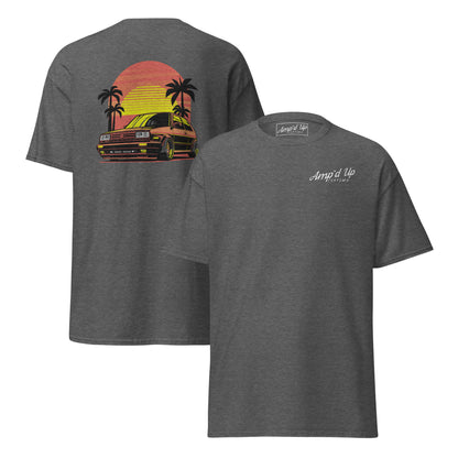 Gray Amp'd Up Custom T-Shirt featuring a Sunset Volkswagen T-Shirt back illustration with palm trees