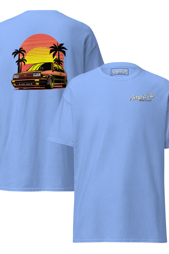 Sunset Volkswagen T-Shirt featuring a colorful back illustration with a retro car and palm trees