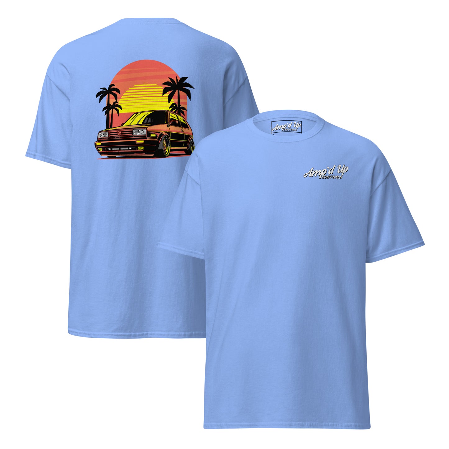 Sunset Volkswagen T-Shirt featuring a colorful back illustration with a retro car and palm trees