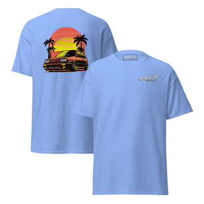 Sunset Volkswagen T-Shirt featuring a colorful back illustration with a retro car and palm trees