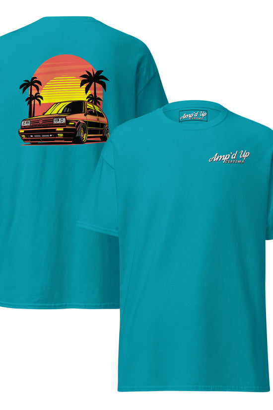 Turquoise Sunset Volkswagen T-Shirt with Back Illustration featuring a retro car and palm trees