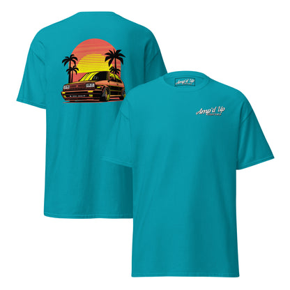 Turquoise Sunset Volkswagen T-Shirt with Back Illustration featuring a retro car and palm trees