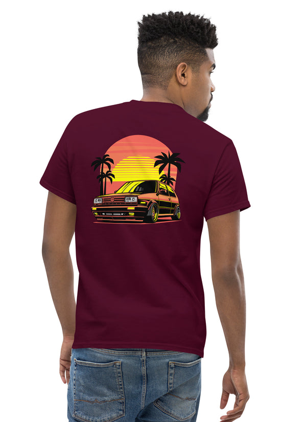 Back view of Sunset Volkswagen T-Shirt featuring vibrant sunset and palm tree illustration