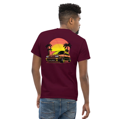 Back view of Sunset Volkswagen T-Shirt featuring vibrant sunset and palm tree illustration