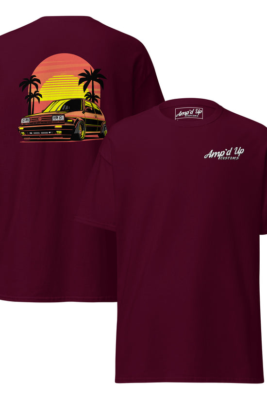 Maroon Sunset Volkswagen T-Shirt featuring a vibrant back illustration with a classic car and palm trees